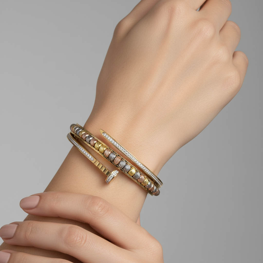 Tri-Tone Crystal Half-Bangle – Premium Gold Finish