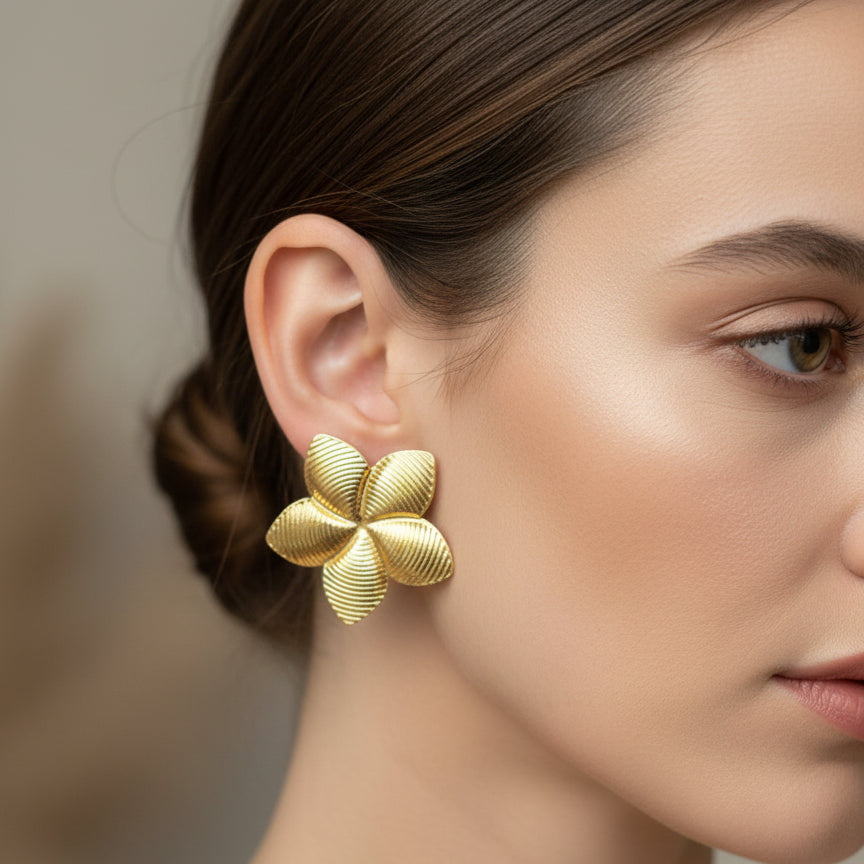 Elegant Gold Leaf-Textured Floral Studs
