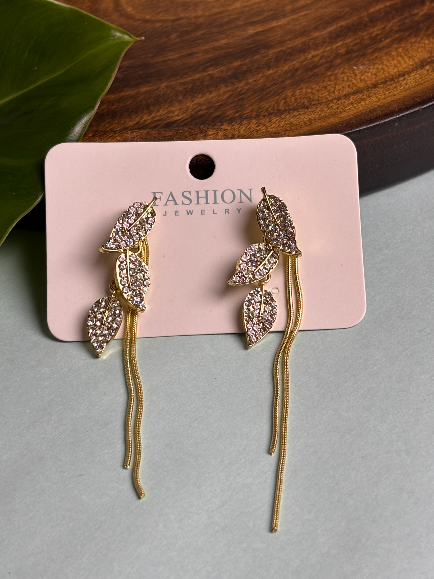 Gold Plated Leaf Dangle Earrings with CZ Stones & Tassels