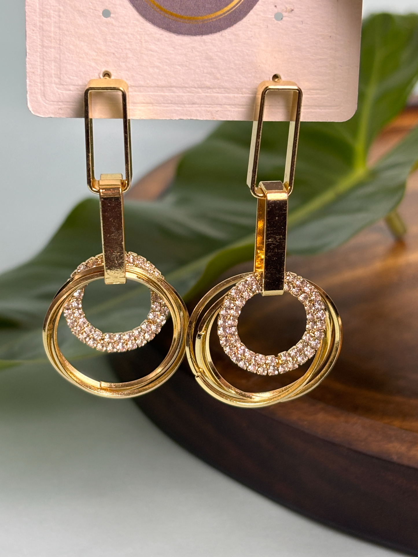 Gold Plated Geometric Circle Drop Earrings with CZ Stones