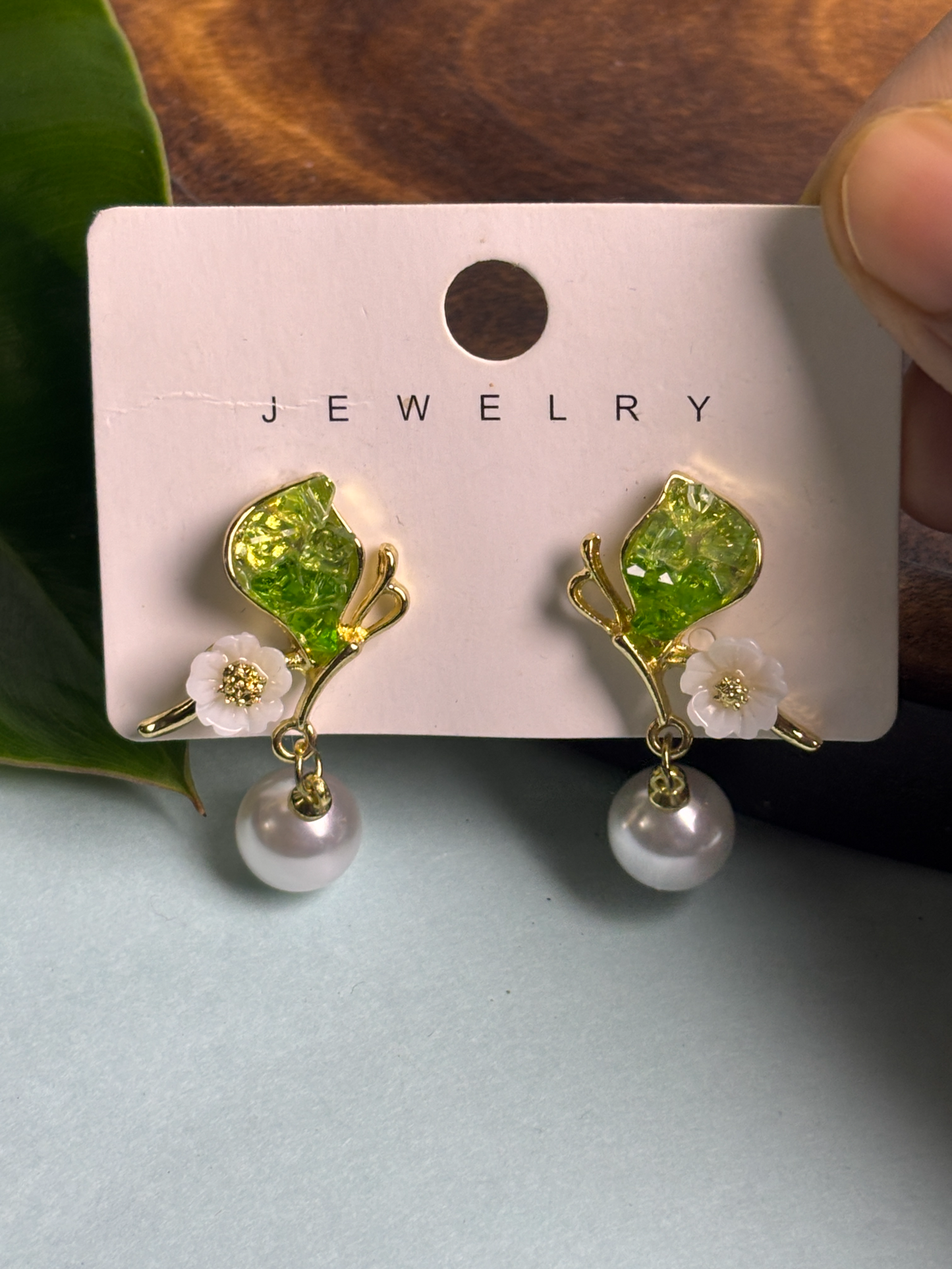 Green Leaf & White Flower Pearl Drop Earrings – Elegant Nature-Inspired Earring