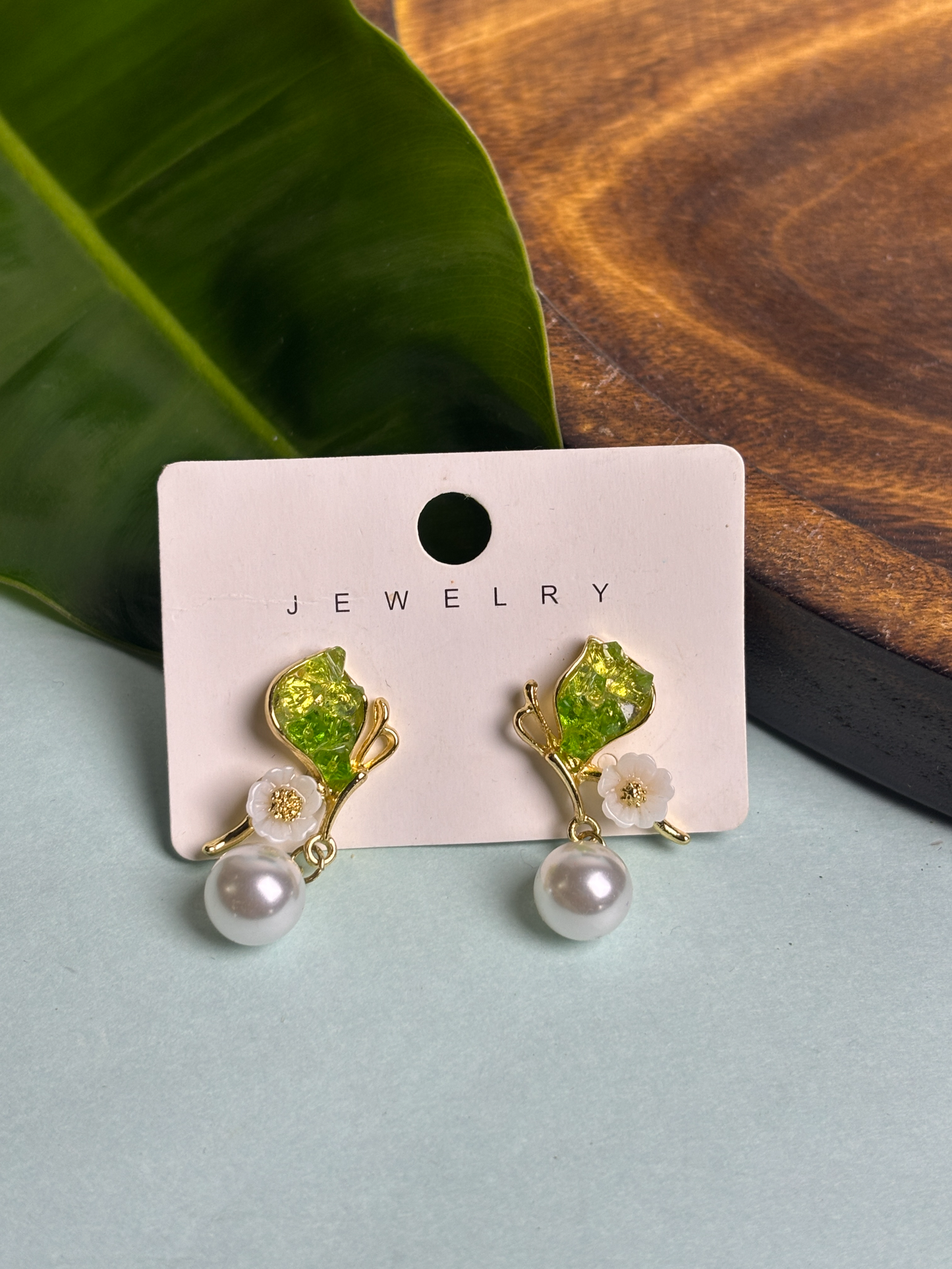 Green Leaf & White Flower Pearl Drop Earrings – Elegant Nature-Inspired Earring