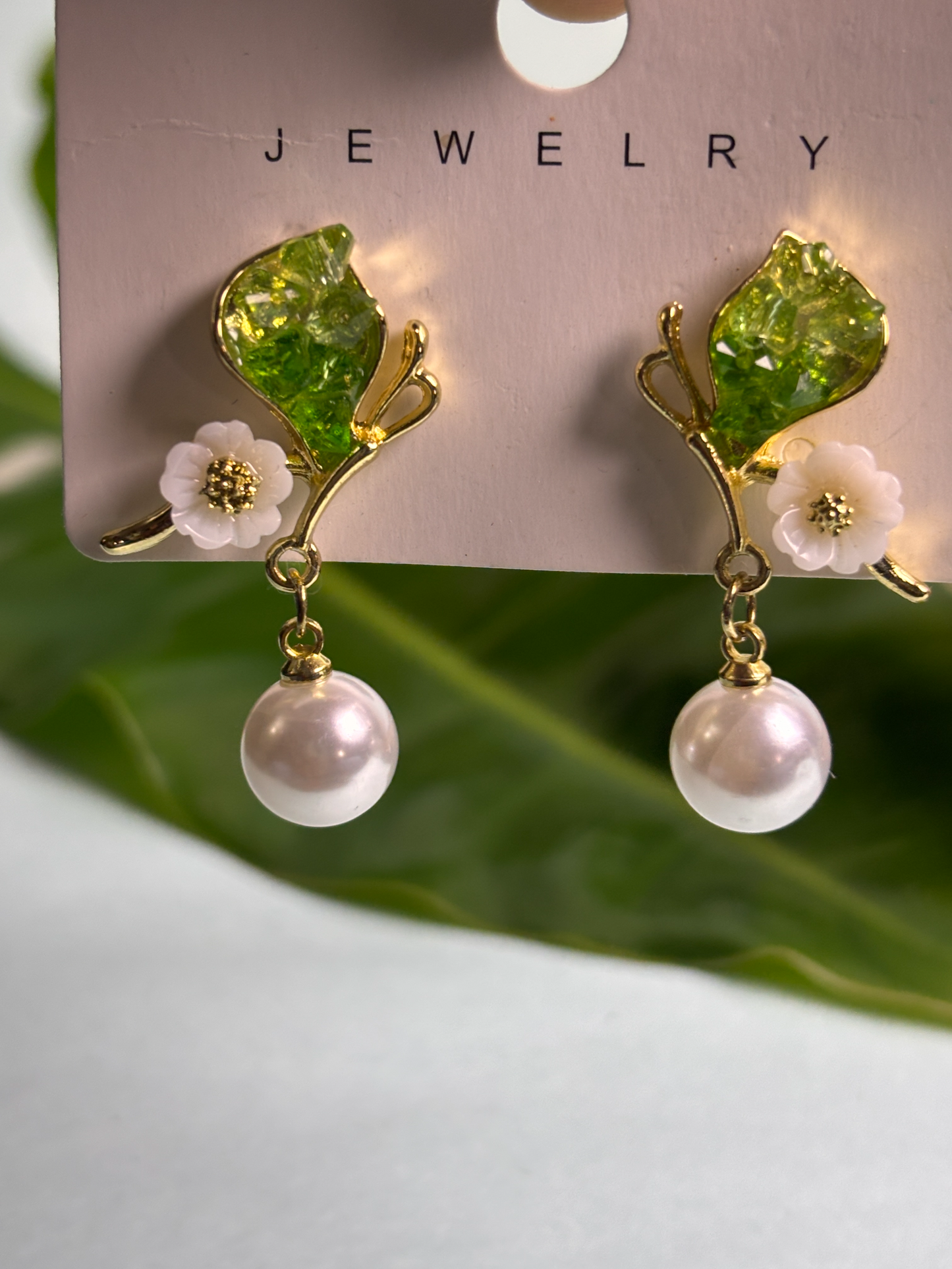 Green Leaf & White Flower Pearl Drop Earrings – Elegant Nature-Inspired Earring