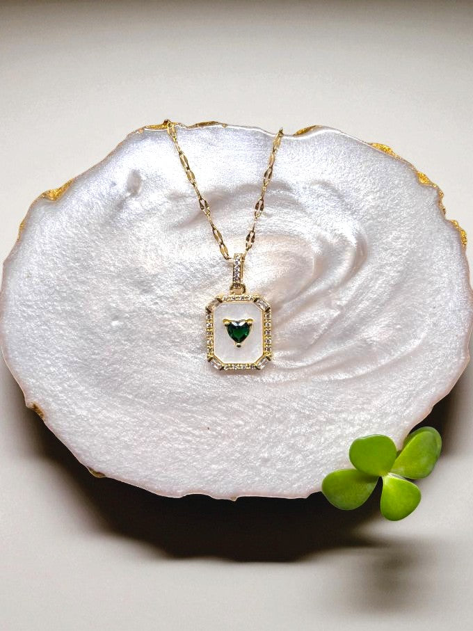 Emerald Framed Heart Pendant Necklace – Anti-Tarnish