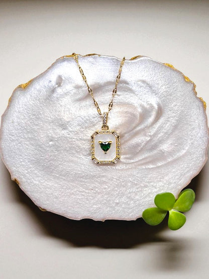 Emerald Framed Heart Pendant Necklace – Anti-Tarnish