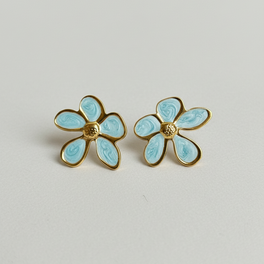 Blue Floral Enamel Stud Earrings – Stainless Steel