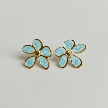 Blue Floral Enamel Stud Earrings – Stainless Steel