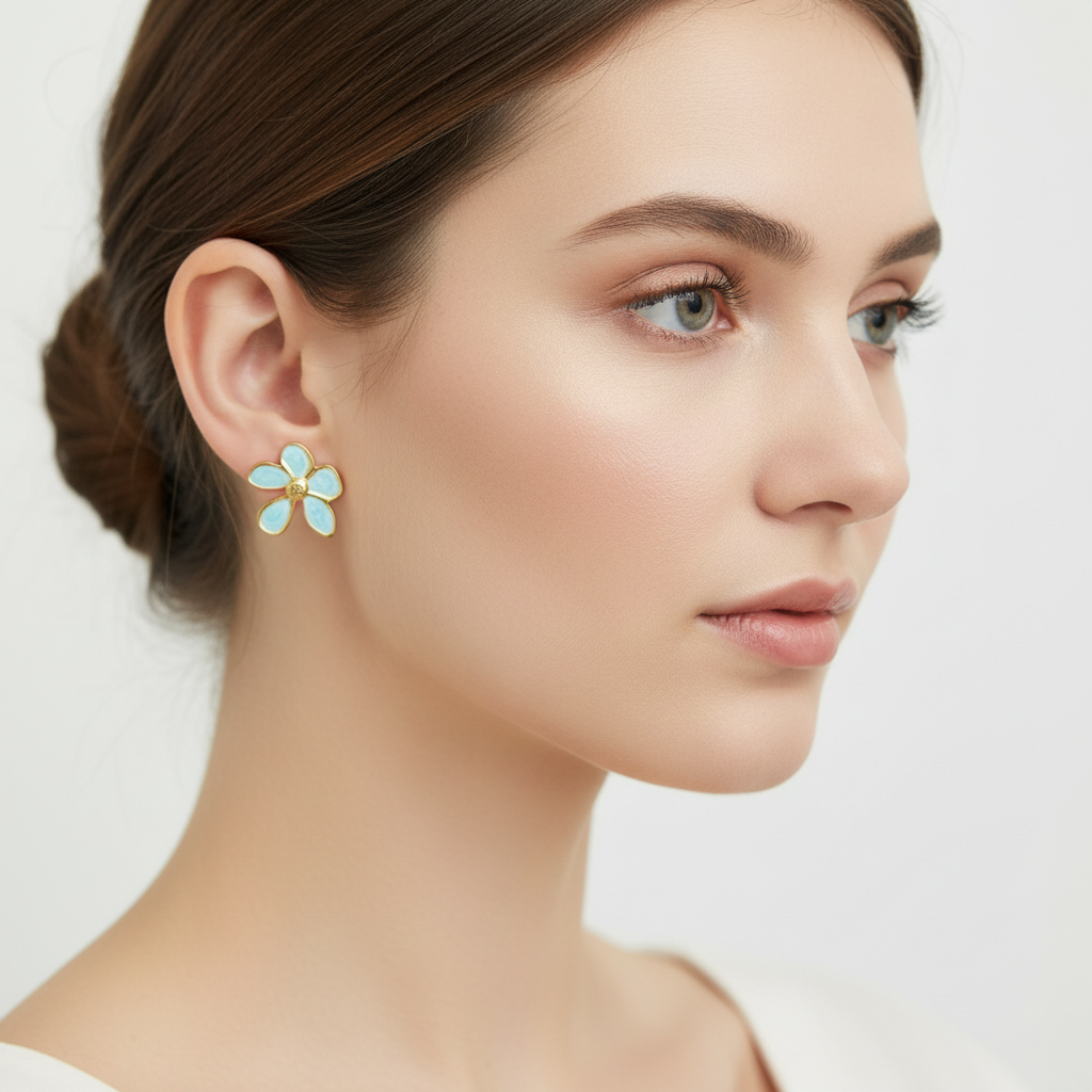 Blue Floral Enamel Stud Earrings – Stainless Steel