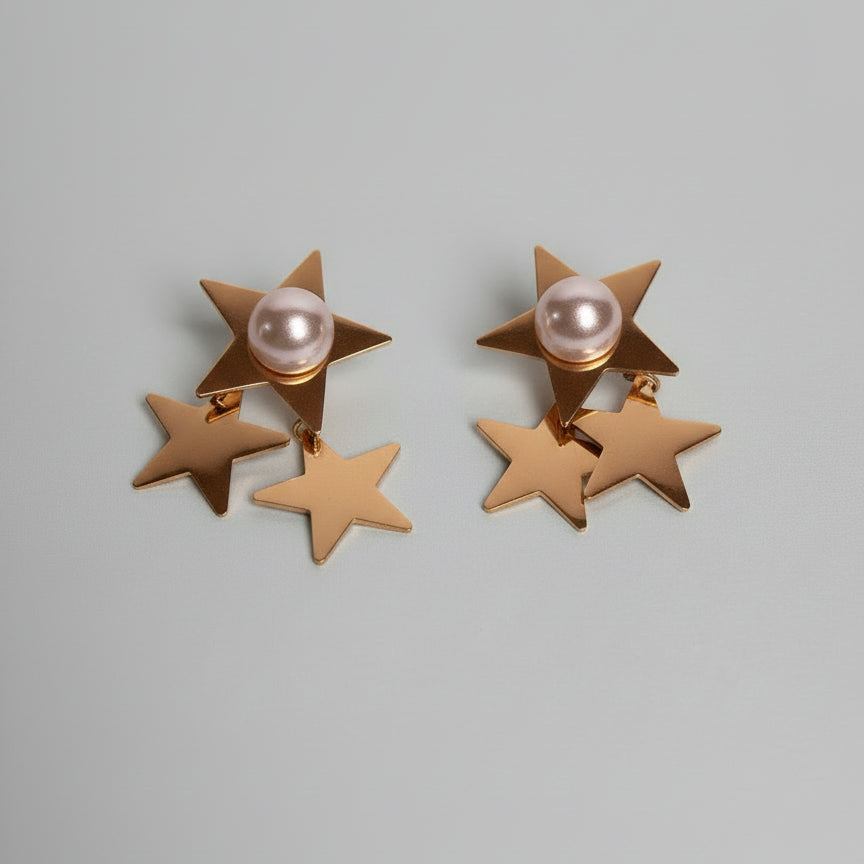 Rose Gold Star Drop Earrings with Pearl Center