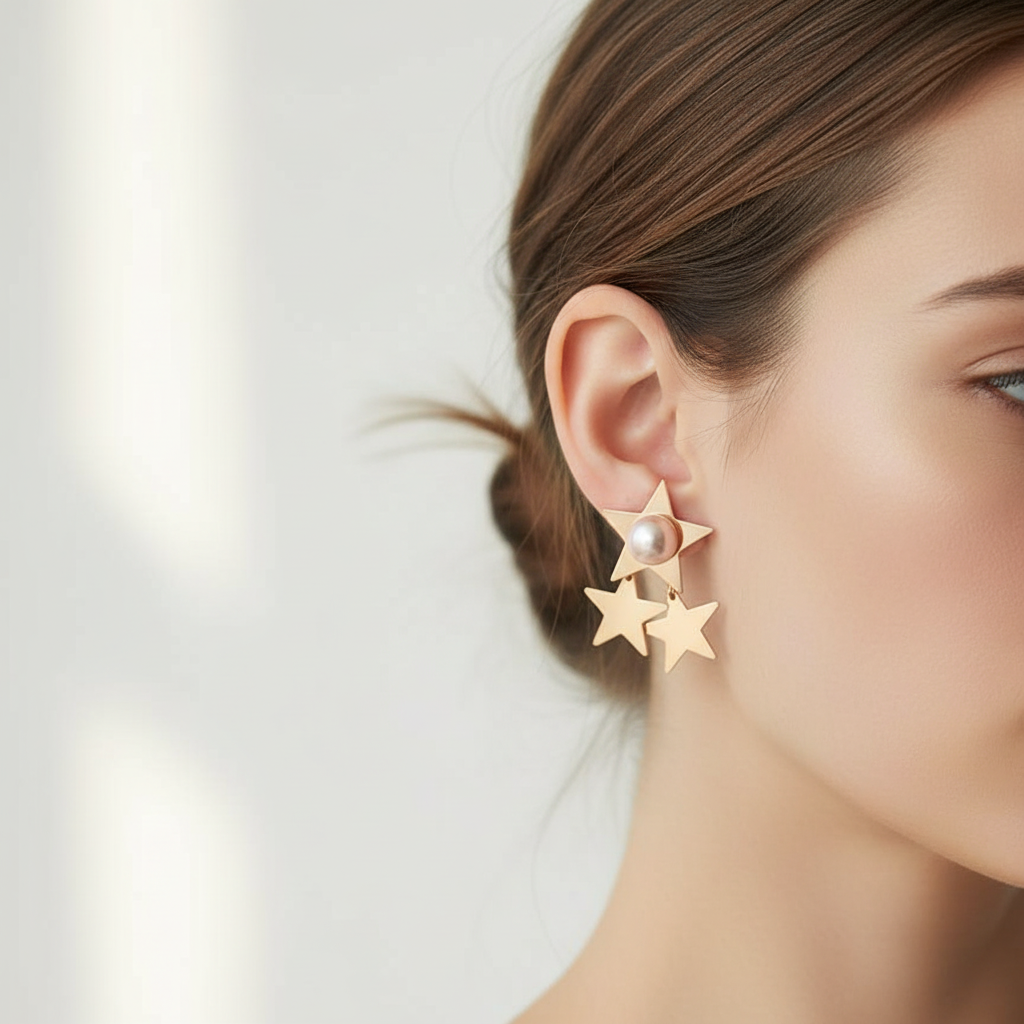 Rose Gold Star Drop Earrings with Pearl Center
