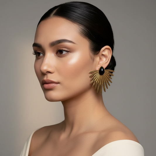 Black Stone Sunburst Statement Earrings