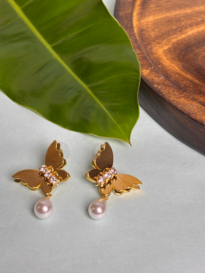 Gold Butterfly Earrings with Pearl Drop