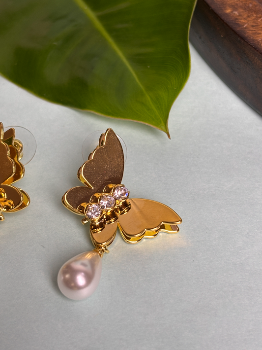 Gold Butterfly Earrings with Pearl Drop