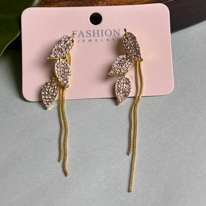 Gold Plated Leaf Dangle Earrings with CZ Stones & Tassels
