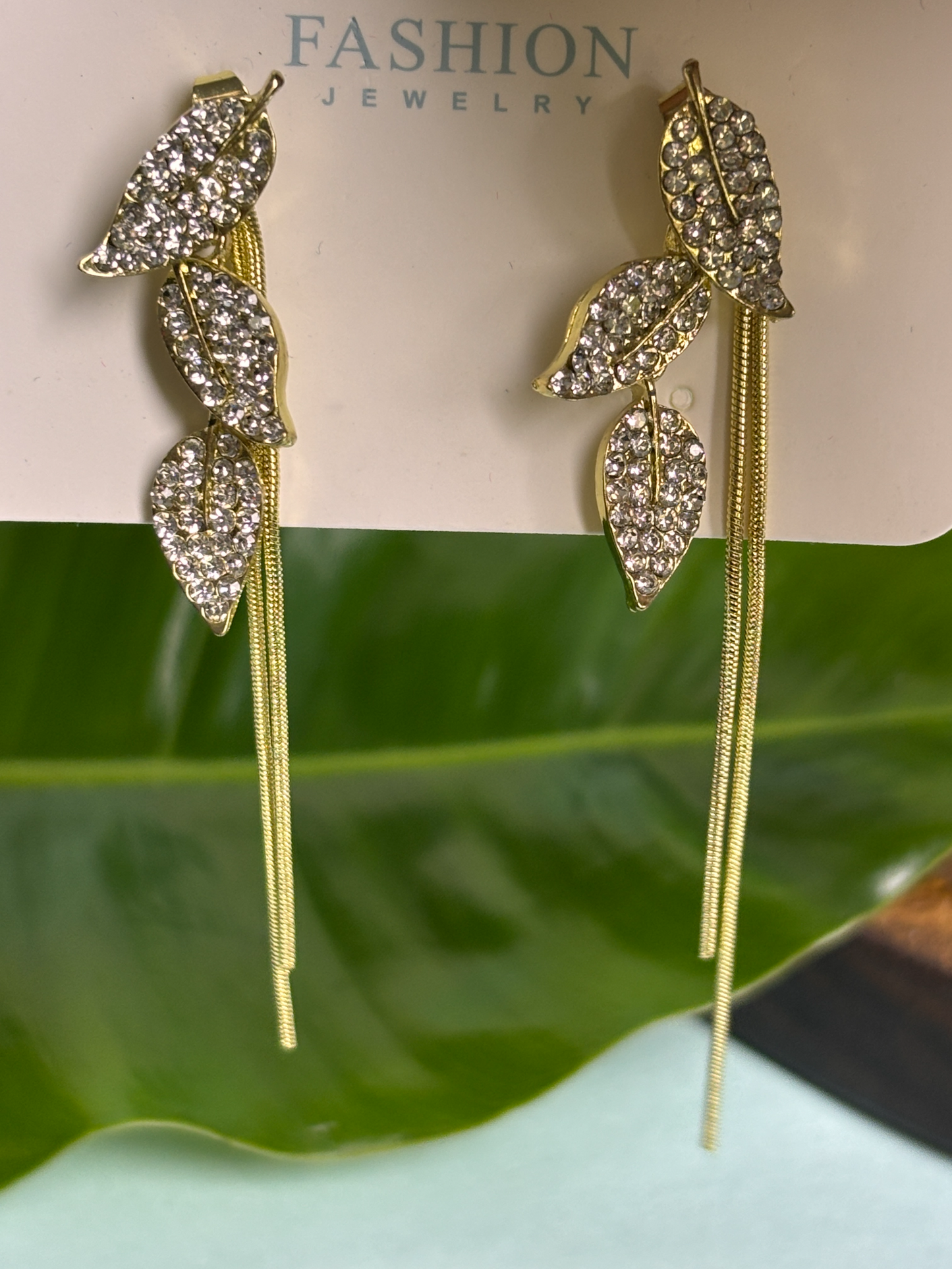 Gold Plated Leaf Dangle Earrings with CZ Stones & Tassels
