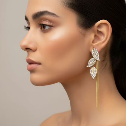 Gold Plated Leaf Dangle Earrings with CZ Stones & Tassels