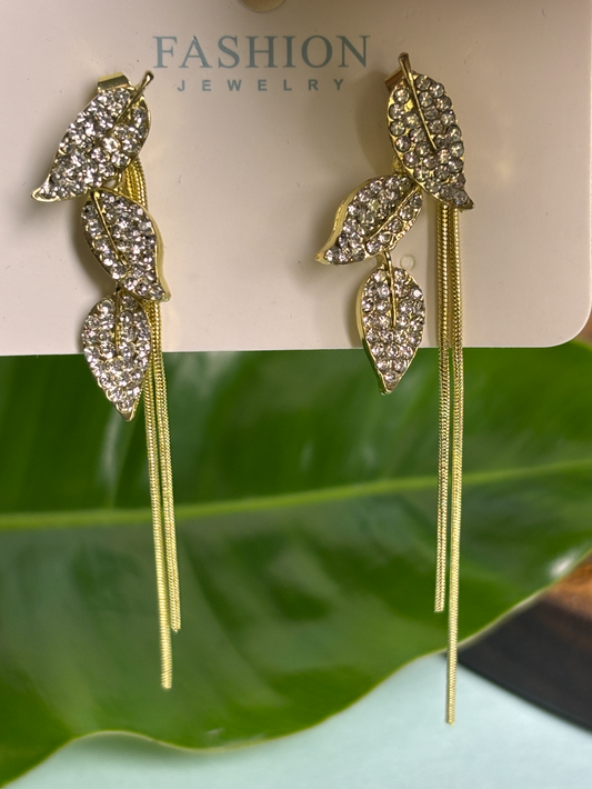 Gold Plated Leaf Dangle Earrings with CZ Stones & Tassels