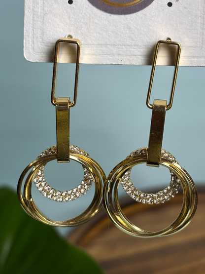 Gold Plated Geometric Circle Drop Earrings with CZ Stones