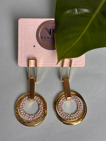 Gold Plated Geometric Circle Drop Earrings with CZ Stones