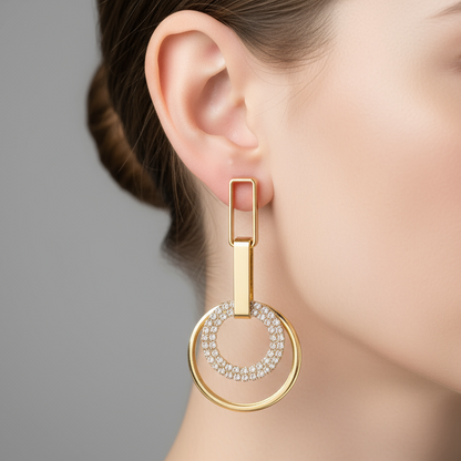 Gold Plated Geometric Circle Drop Earrings with CZ Stones