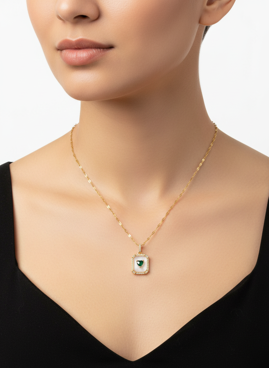 Emerald Framed Heart Pendant Necklace – Anti-Tarnish